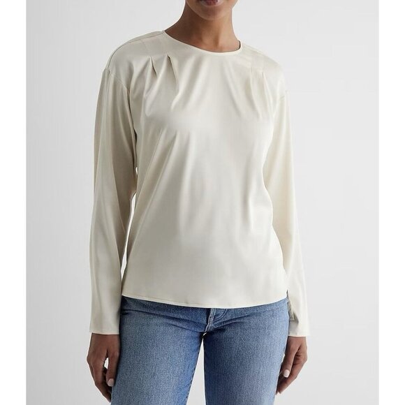 Express Womens Satin Long Sleeve Pleated Gramercy Tee Sandshell Size XS NWT $54 - Picture 1 of 16